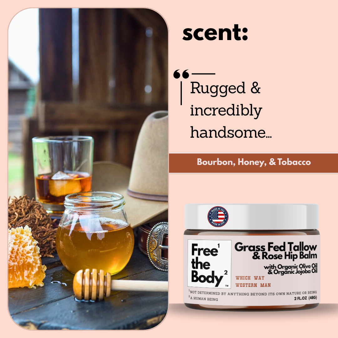 Bourbon, honey, and tobacco with a jar of Free the Body balm on a pink background.