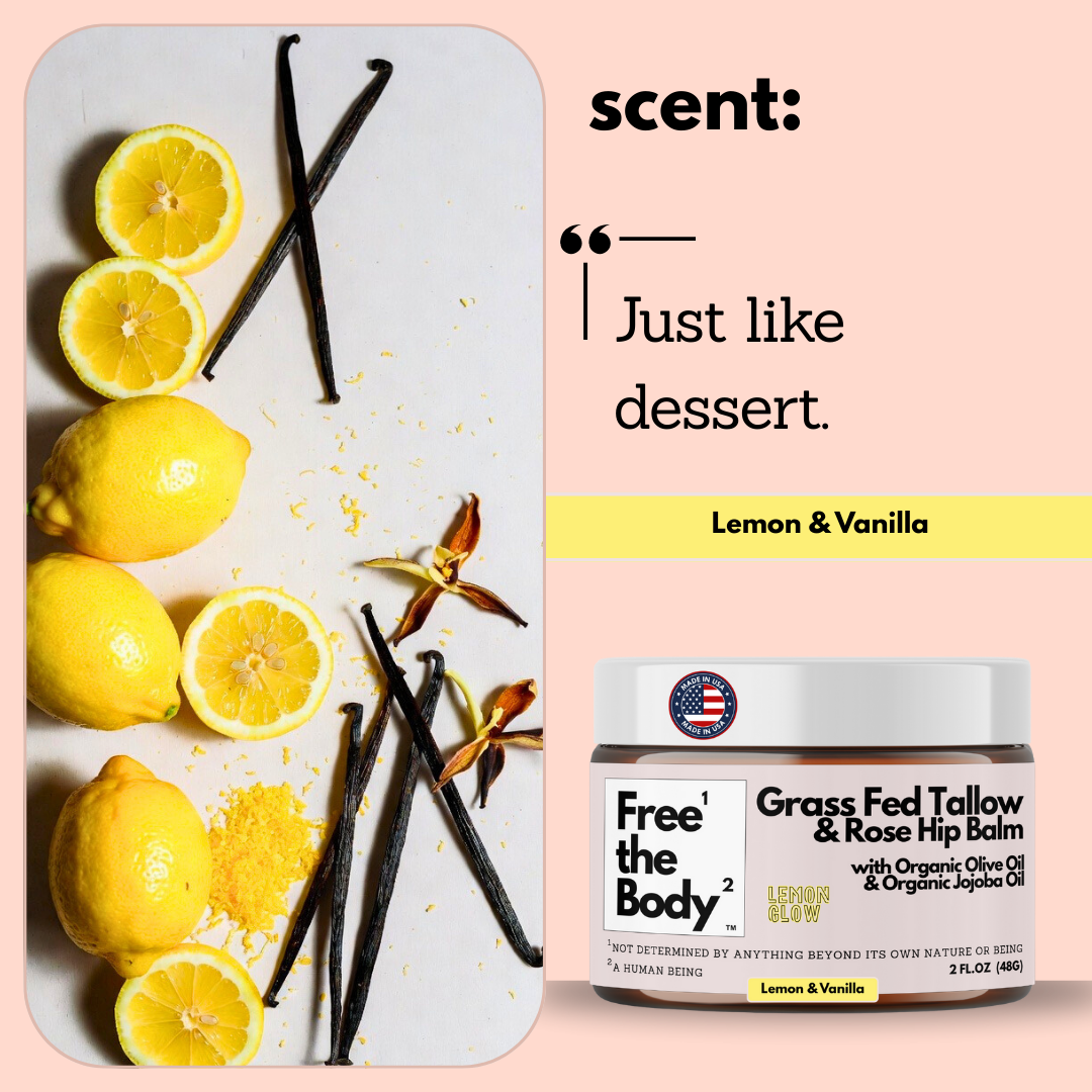 Lemon and vanilla themed product with balm container on a pink background