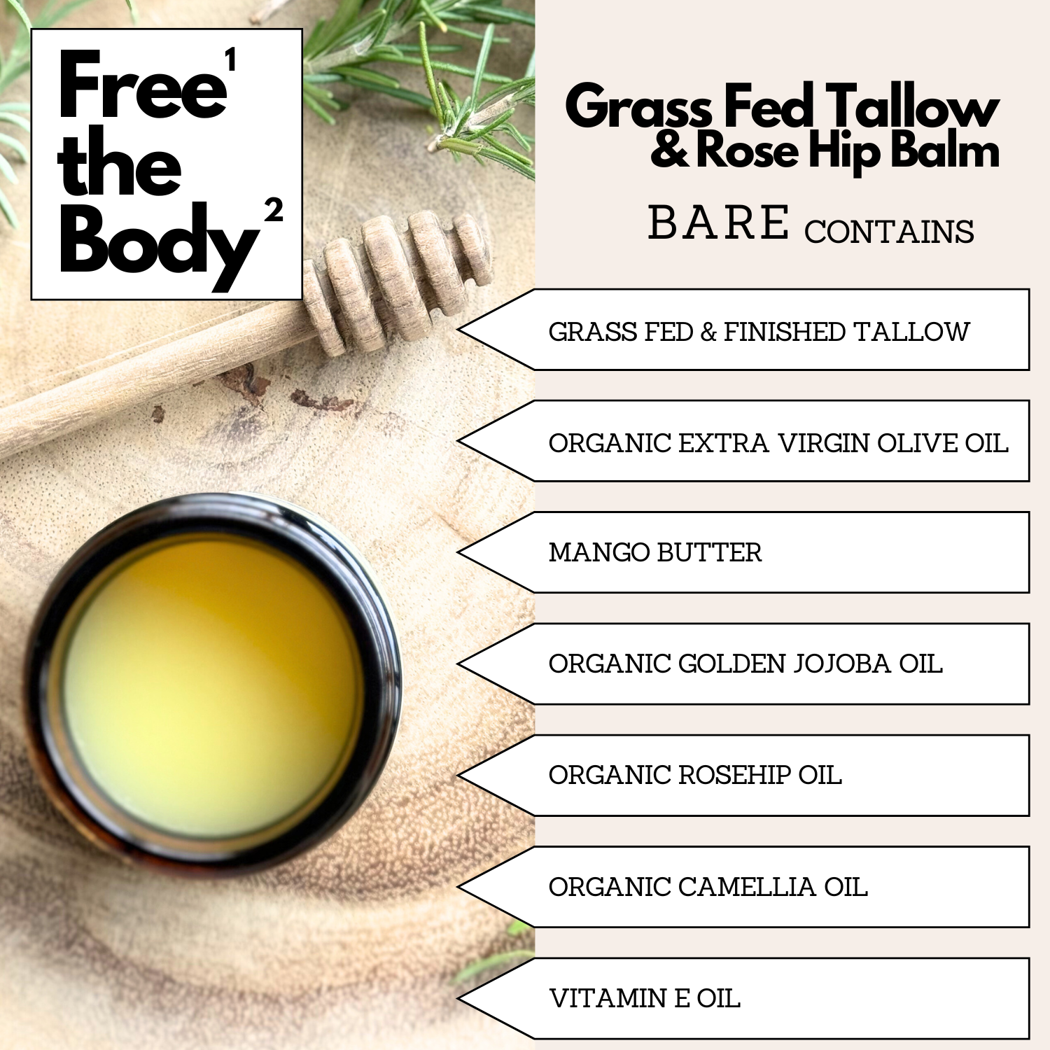 Grass Fed Tallow & Rose Hip Balm with ingredients listed on a natural background