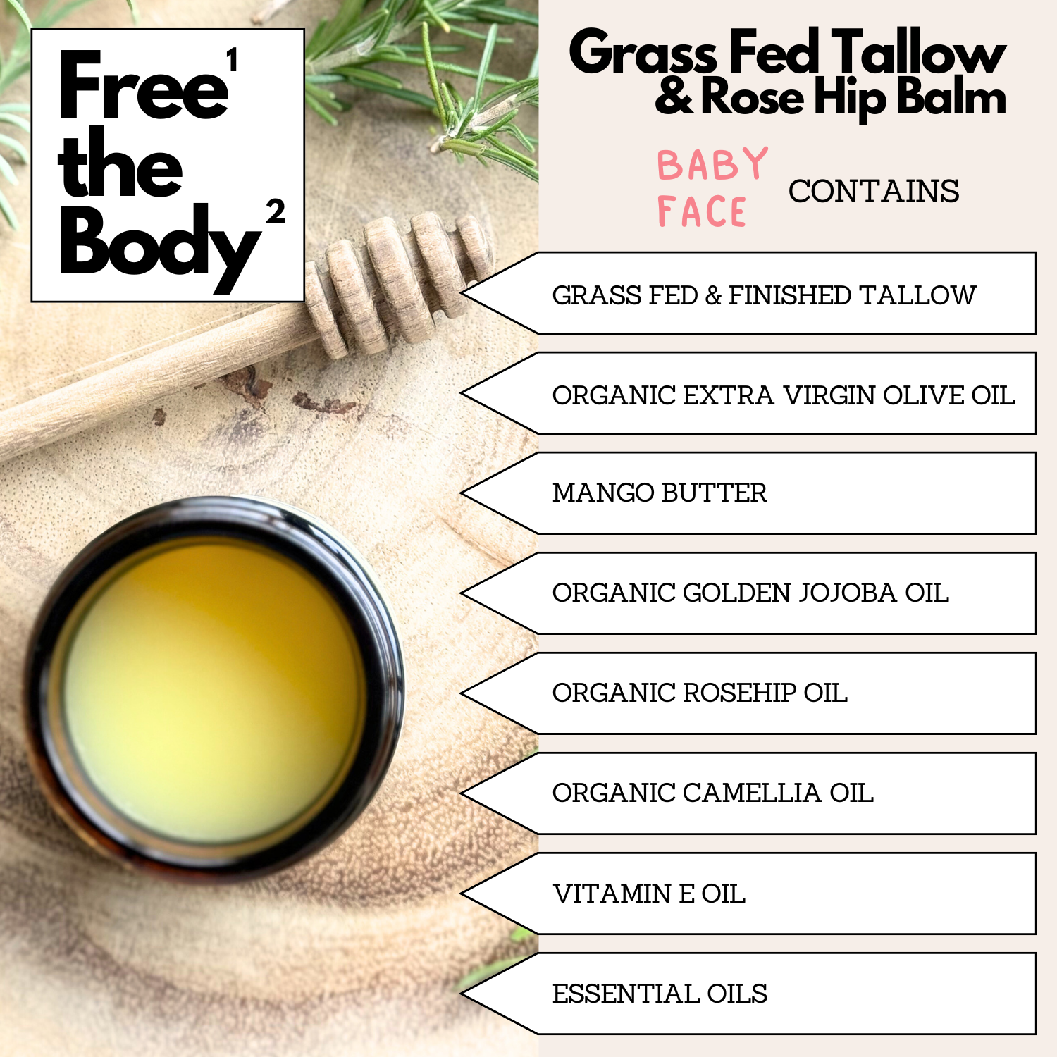 Grass Fed Tallow & Rose Hip Balm with ingredients listed on a natural background