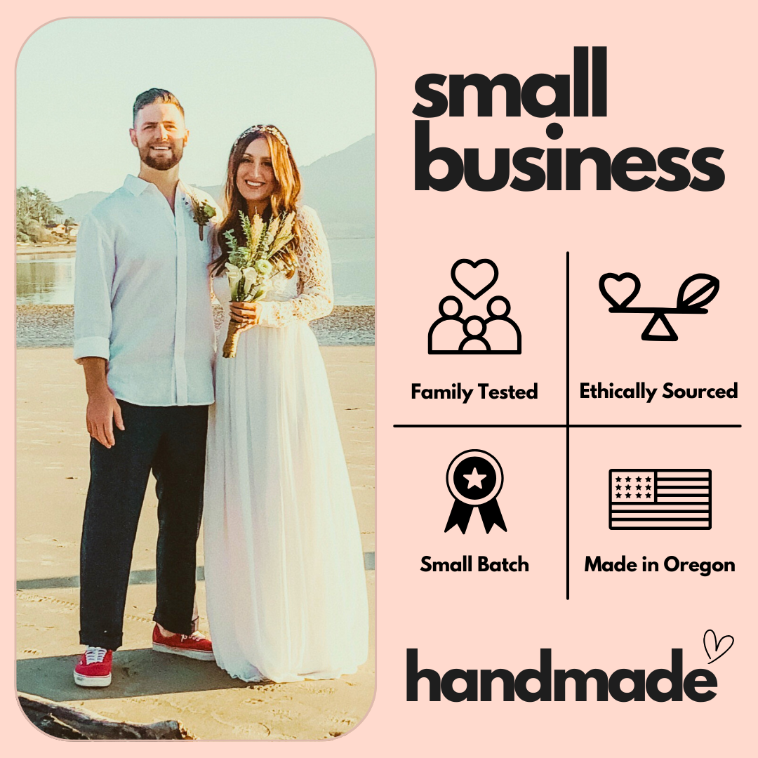 Couple standing on a beach with 'small business' and 'handmade' text and icons on a pink background.