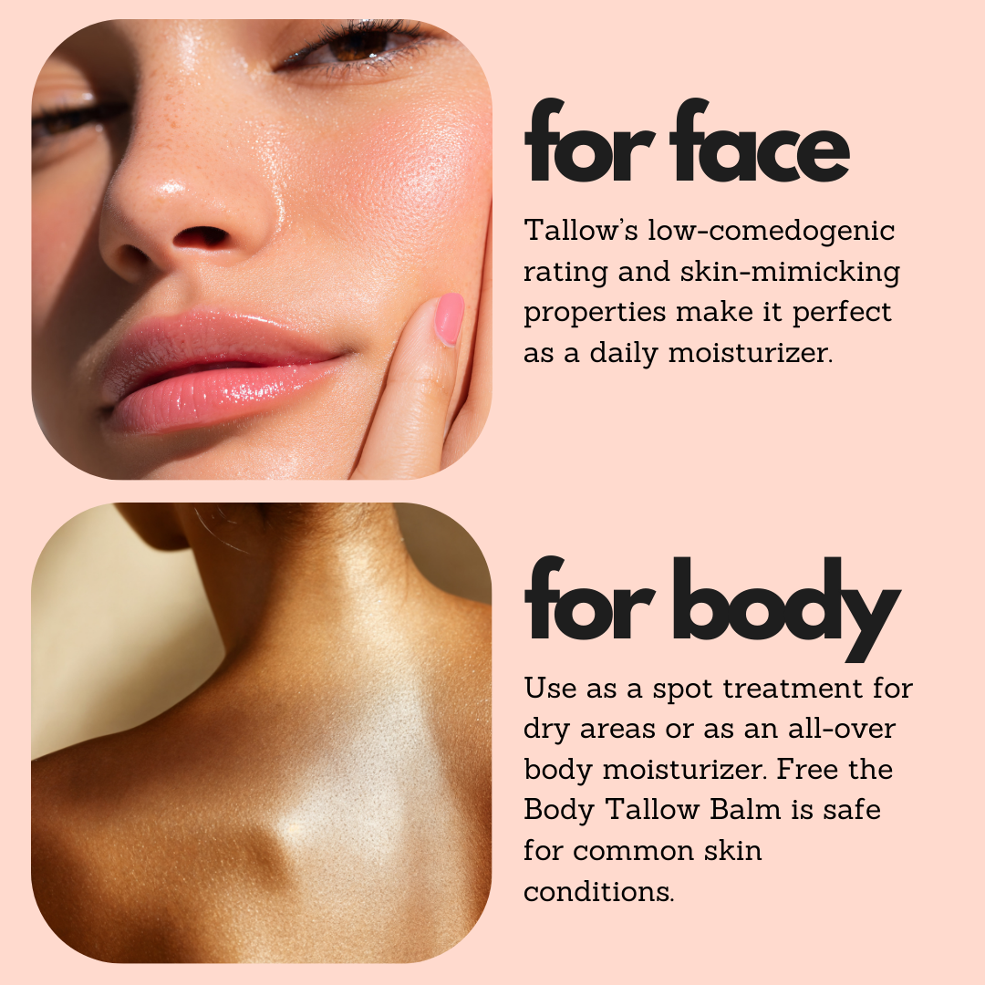 Product advertisement for Tallow balm, showing application on face and body with text about its uses.