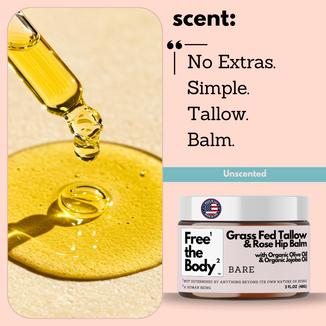 Free the Body Company Grass Fed Tallow & Rose Hip Balm with oil droplet and text on pink background