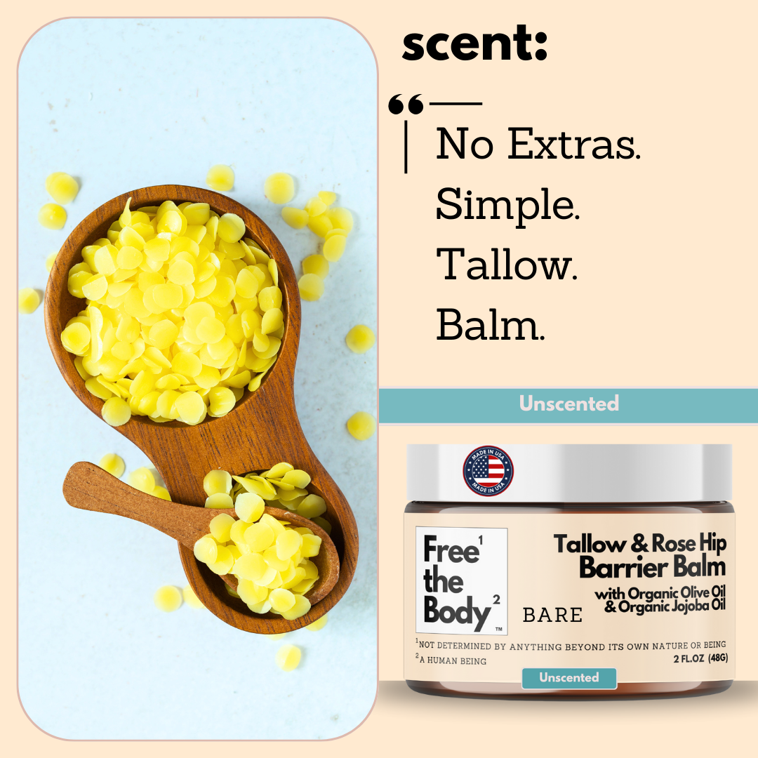 Tallow and rose hip barrier balm with wooden scoops and 'Free the Body' packaging.