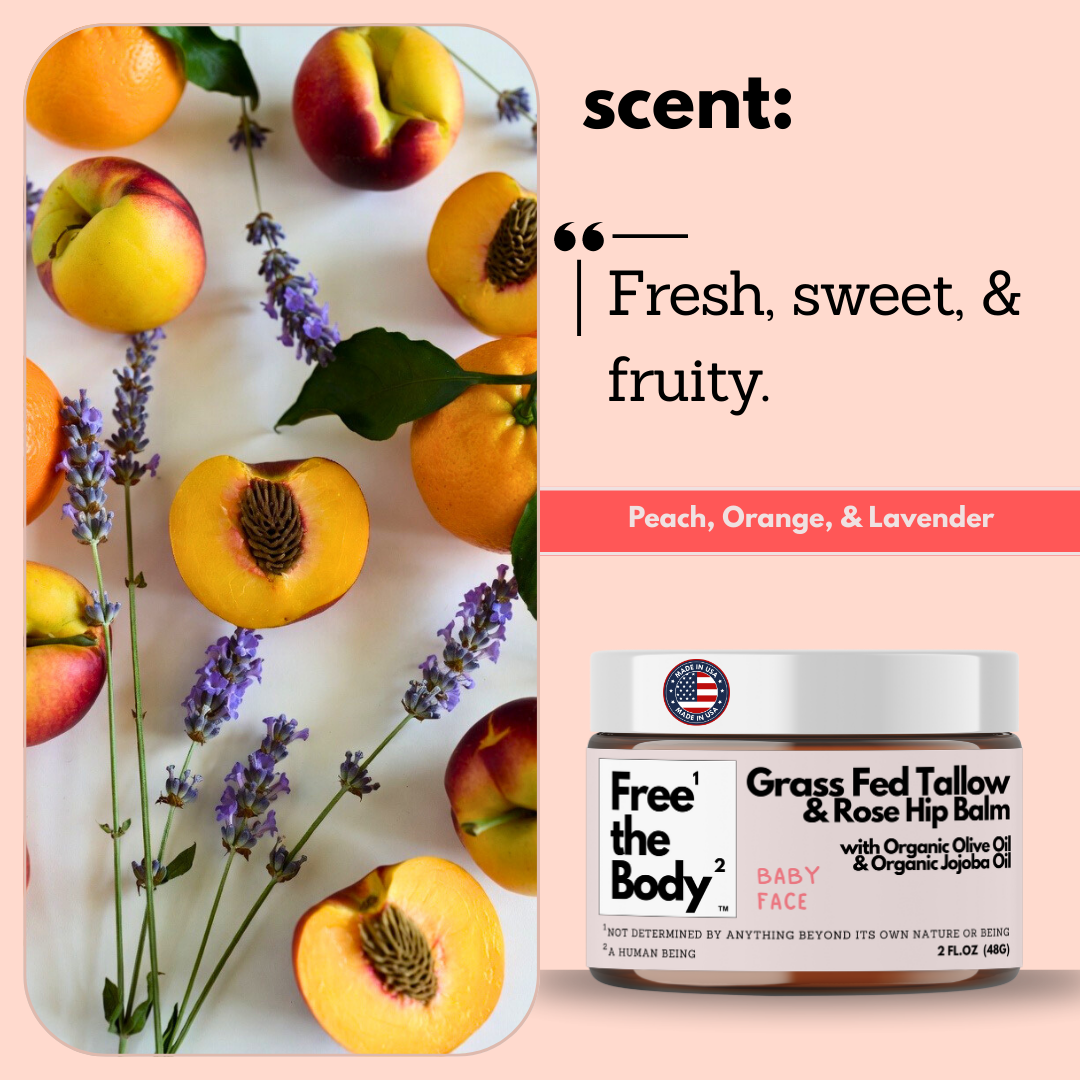 Balm container with peach, orange, and lavender on a pink background