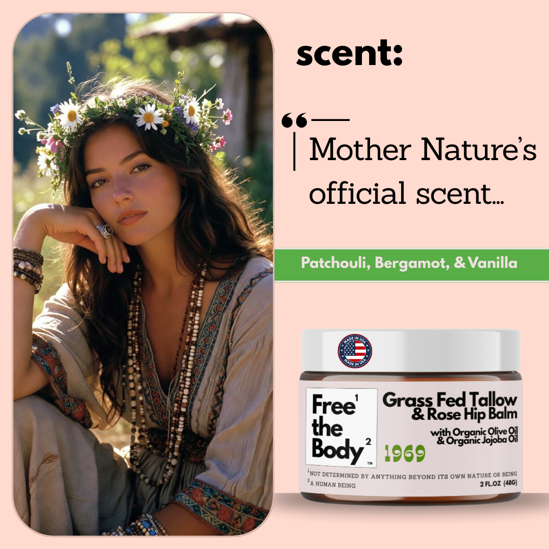 Woman with floral crown and 'Free the Body' balm on pink background