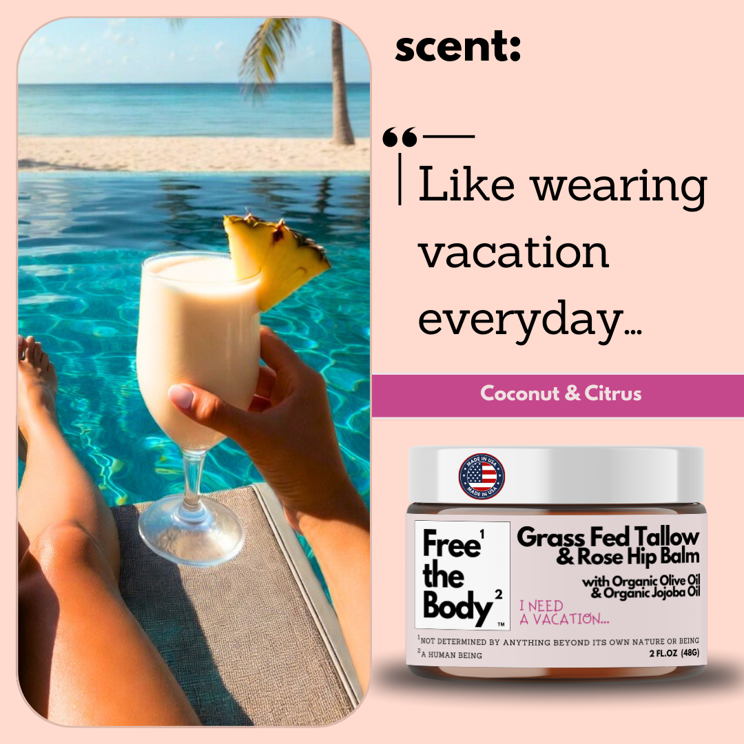 Person holding a cocktail by a pool with a balm product and promotional text on a pink background