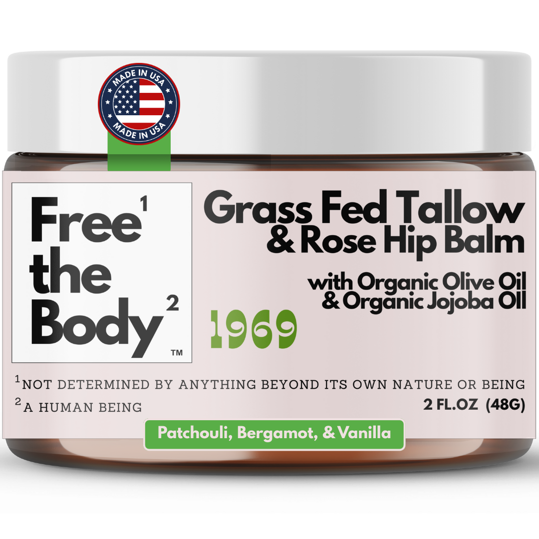 Balm jar labeled 'Free the Body' with branding and product details on a white background