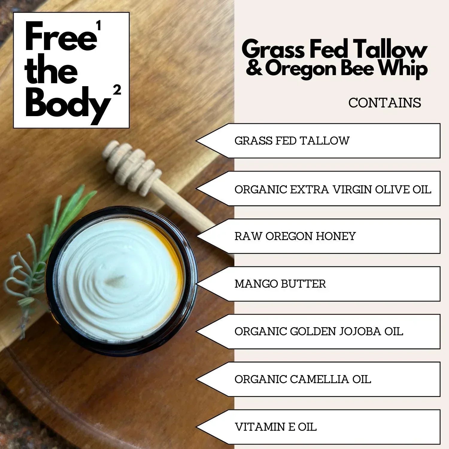 Container of 'Free the Body' product with a wooden spoon and honeycomb on a wooden surface, featuring a list of ingredients.