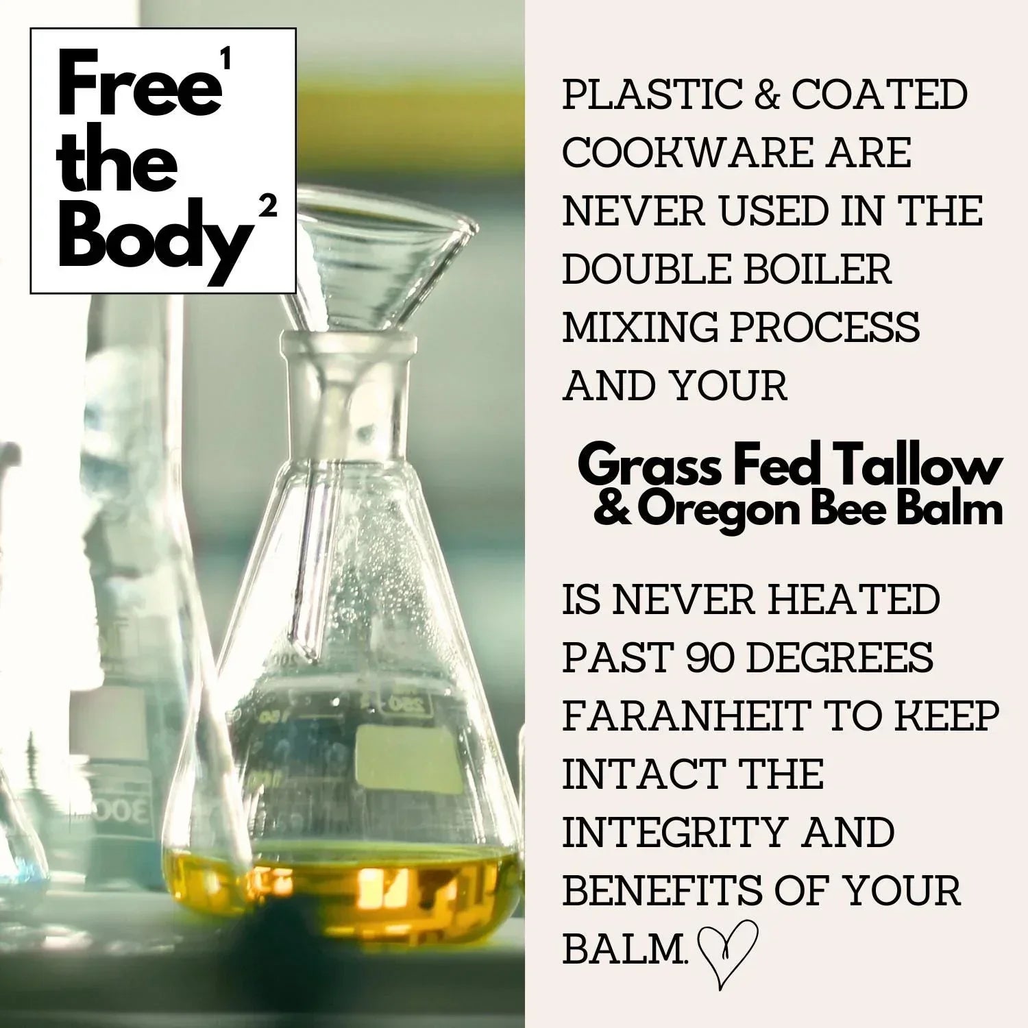Glass container with yellow liquid and text about 'Free the Body' product, featuring a double boiler.