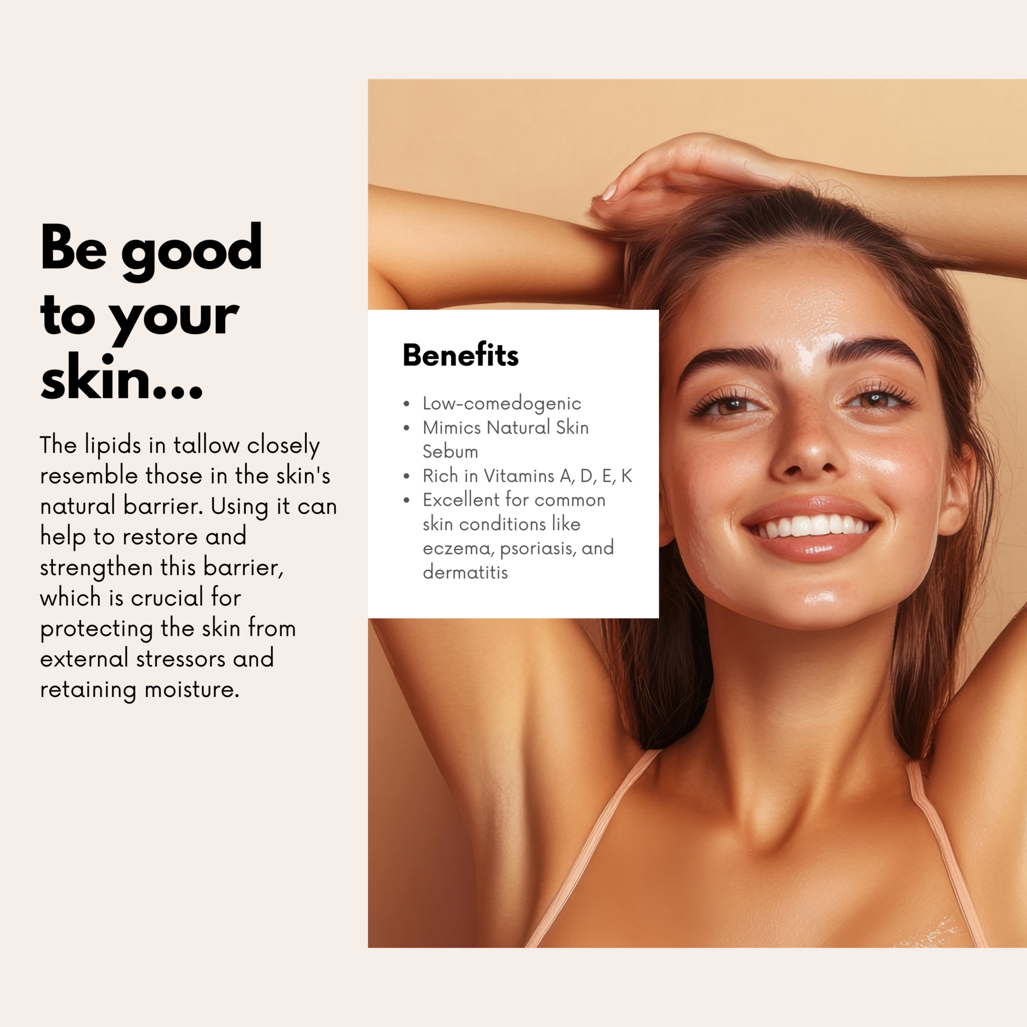 Woman with glowing skin and text about skincare benefits on a beige background