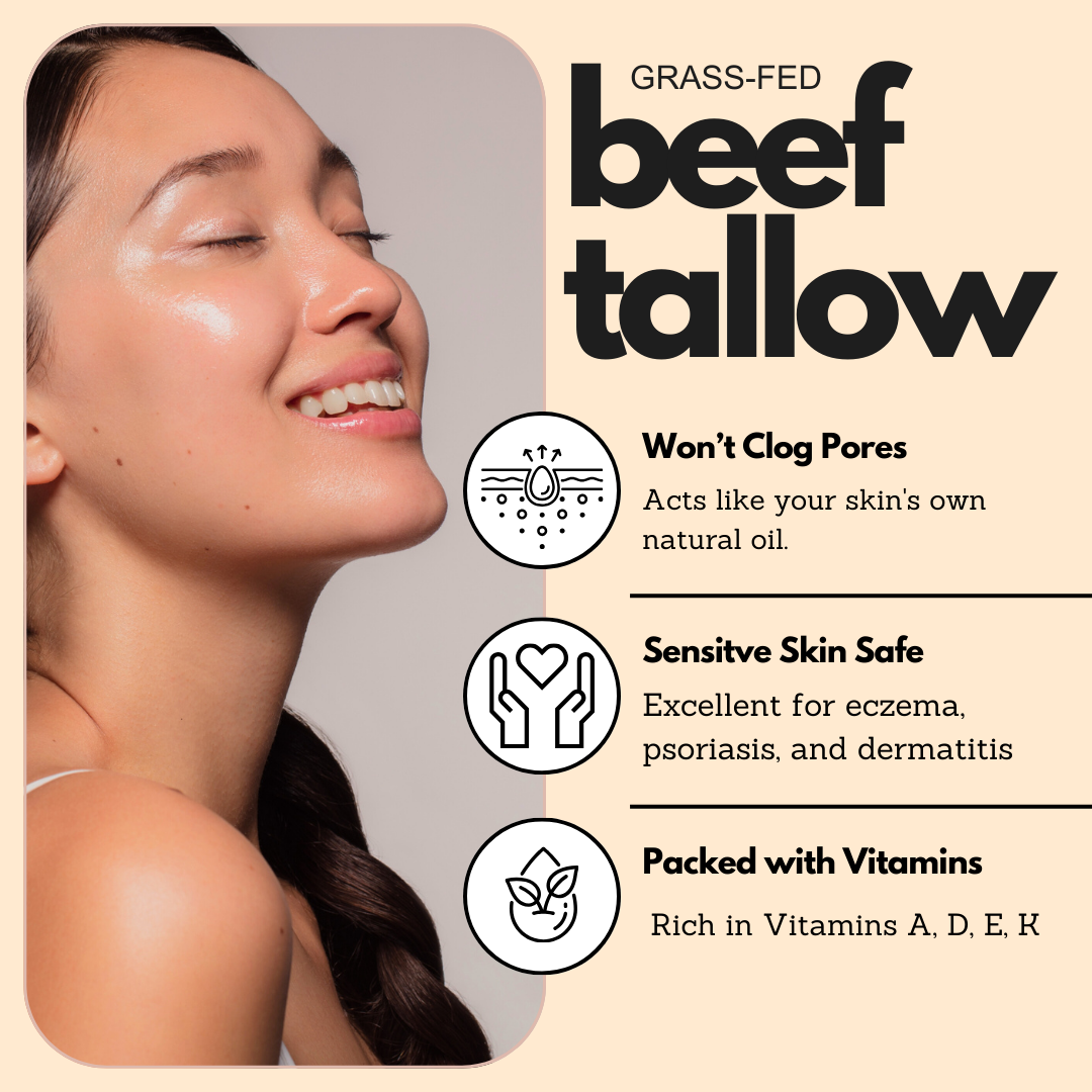 Advertisement for grass-fed beef tallow with a woman's face and benefits listed.