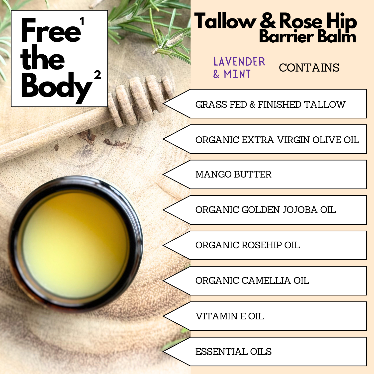 Tallow and Rose Hip Barrier Balm with Beeswax, Small Batch, 2oz, Lavender Mint