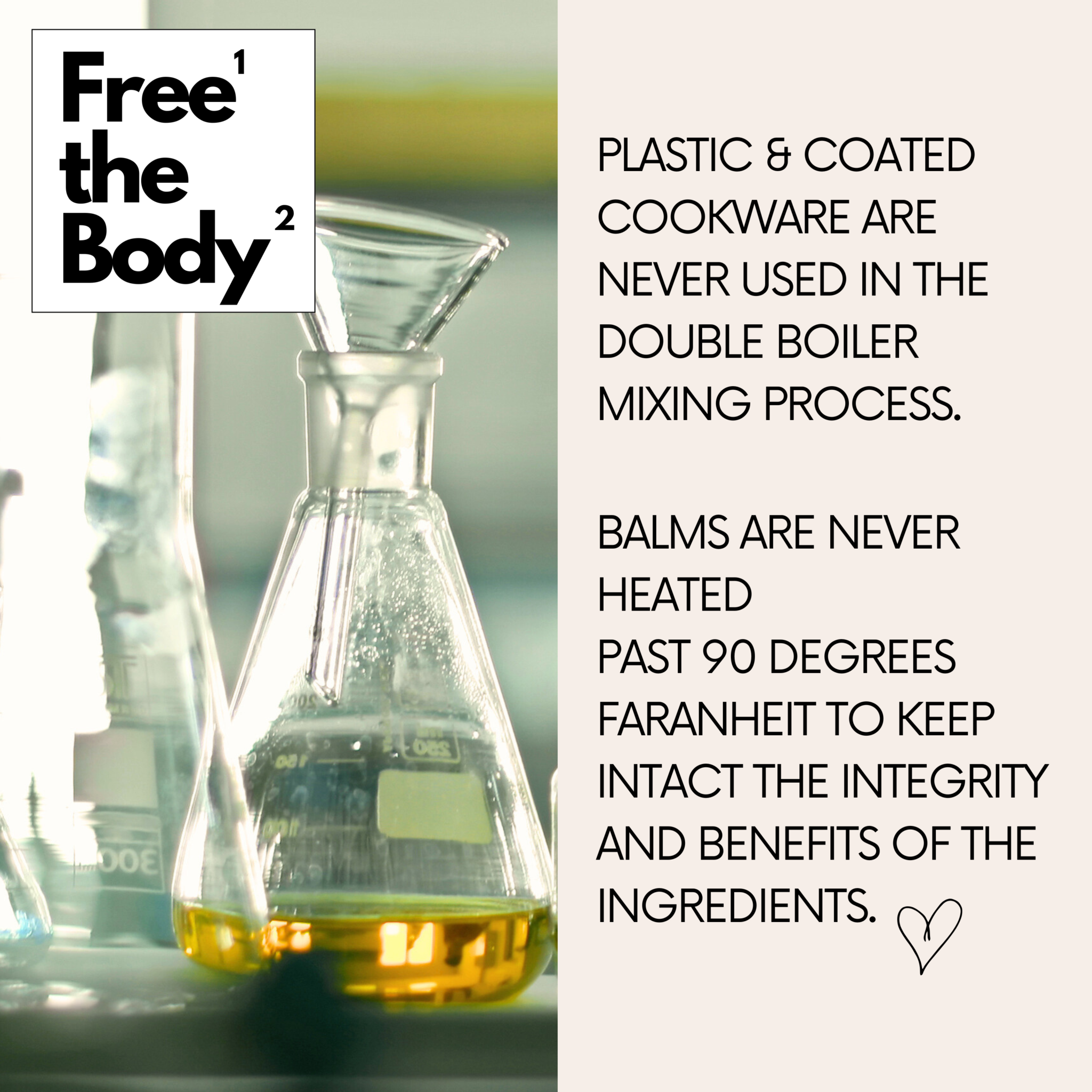 Glass beaker with yellow liquid and text about product manufacturing process.