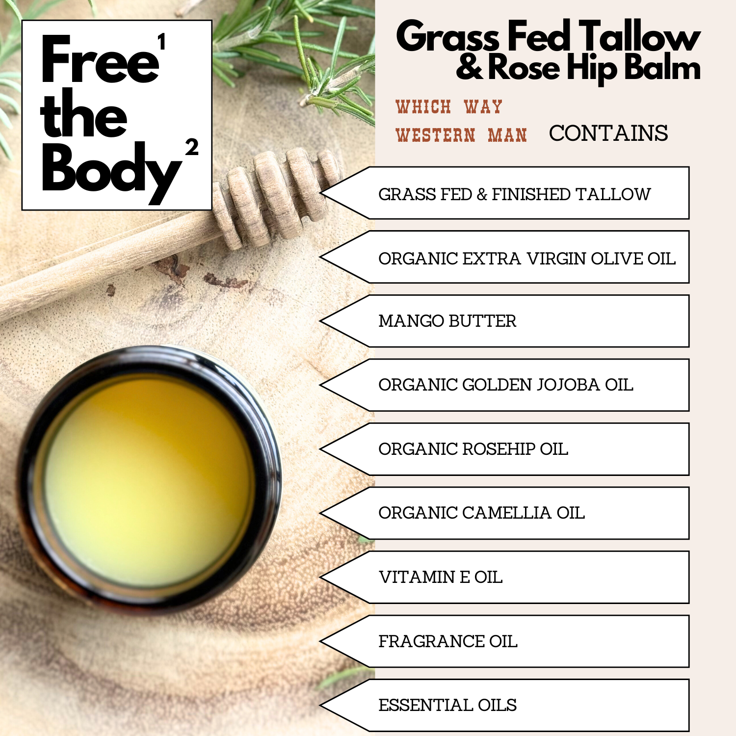 Grass Fed Tallow and Rose Hip Balm, Small Batch, 2 oz, Which Way Western Man