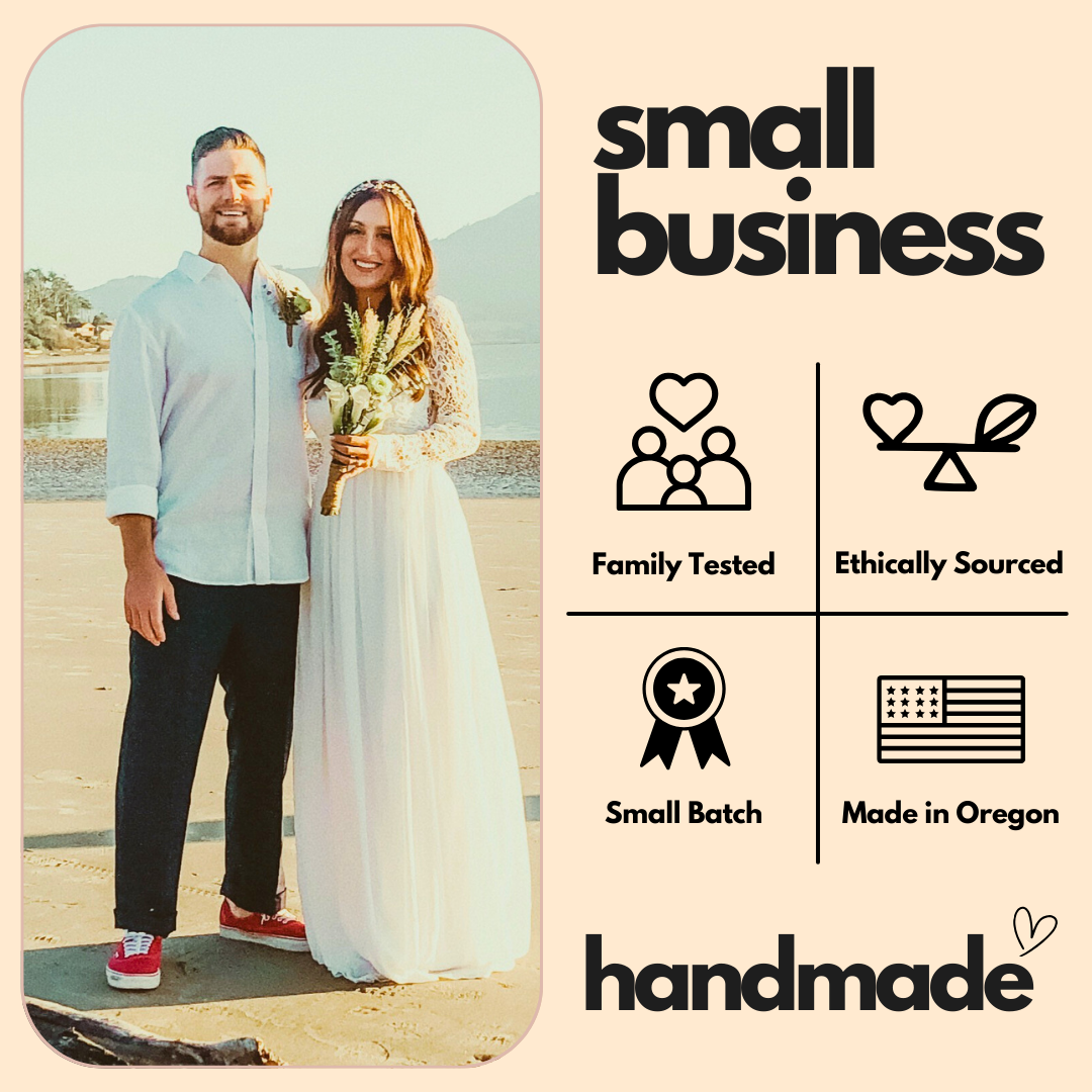 Couple on a beach with 'small business' and 'handmade' branding elements.