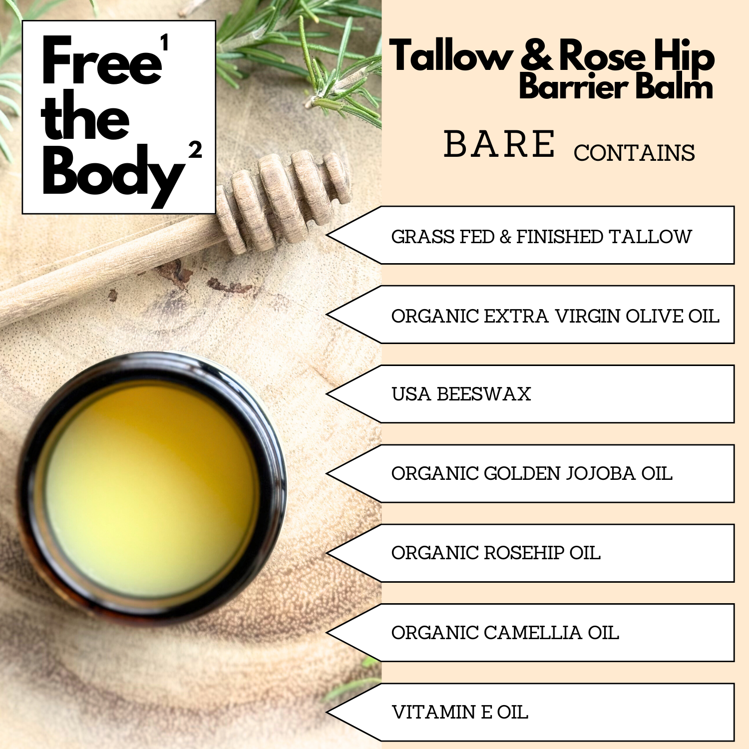 Tallow and Rose Hip Barrier Balm with Beeswax, Small Batch, 2oz, Bare