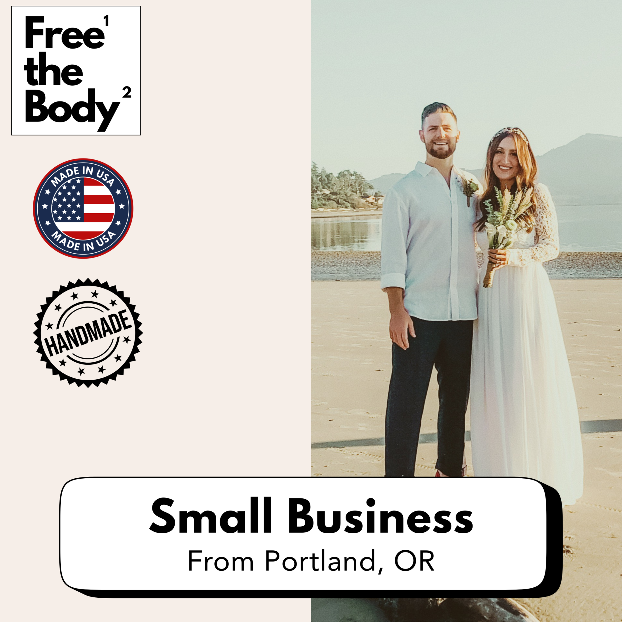 Couple standing on a beach with 'Free the Body' branding and 'Made in USA' badge.