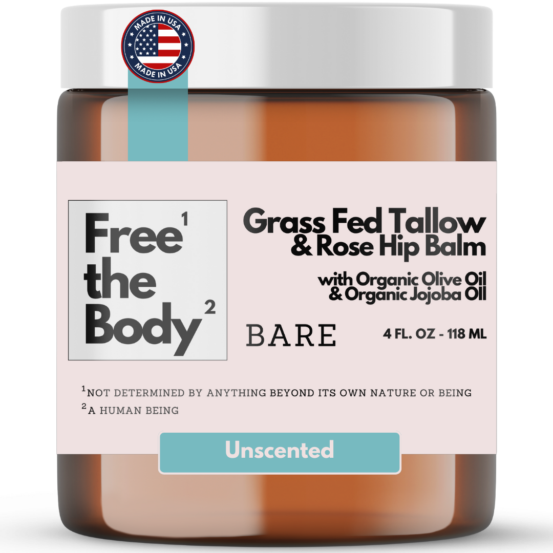 Balm jar labeled 'Free the Body' with branding and product details on a white background