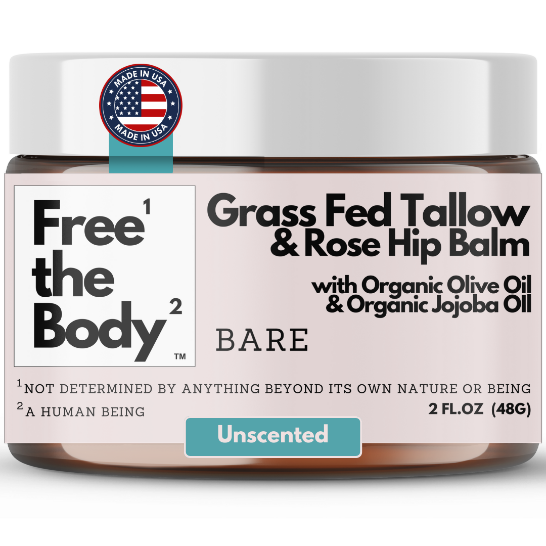 Balm jar labeled 'Free the Body' with 'Grass Fed Tallow & Rose Hip Balm' on a white background