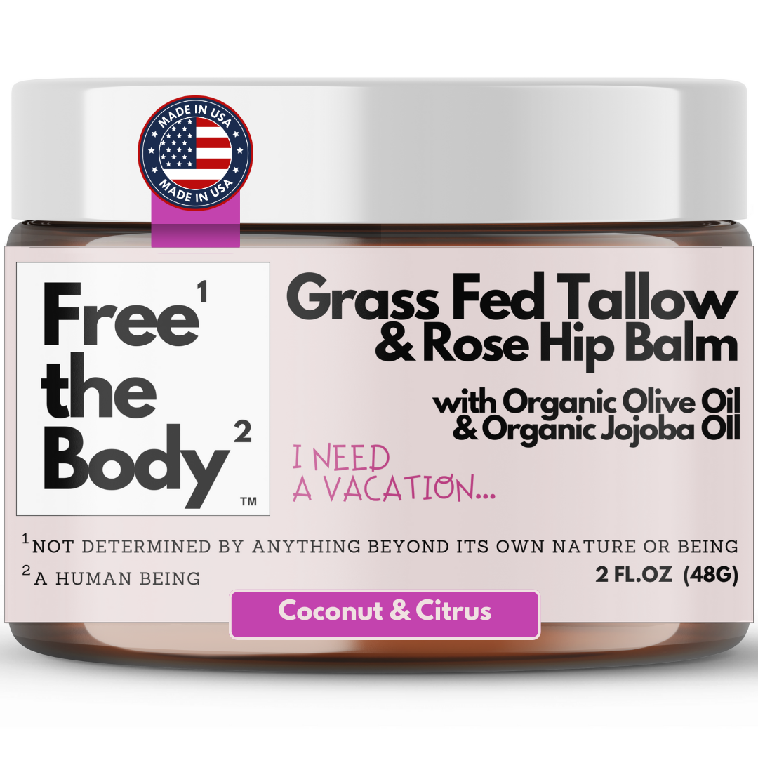 Balm jar labeled 'Free the Body' with text on a white background