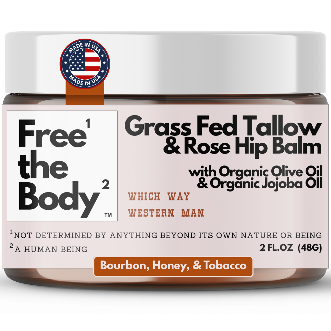 Balm jar labeled 'Free the Body' with branding and product details on a white background
