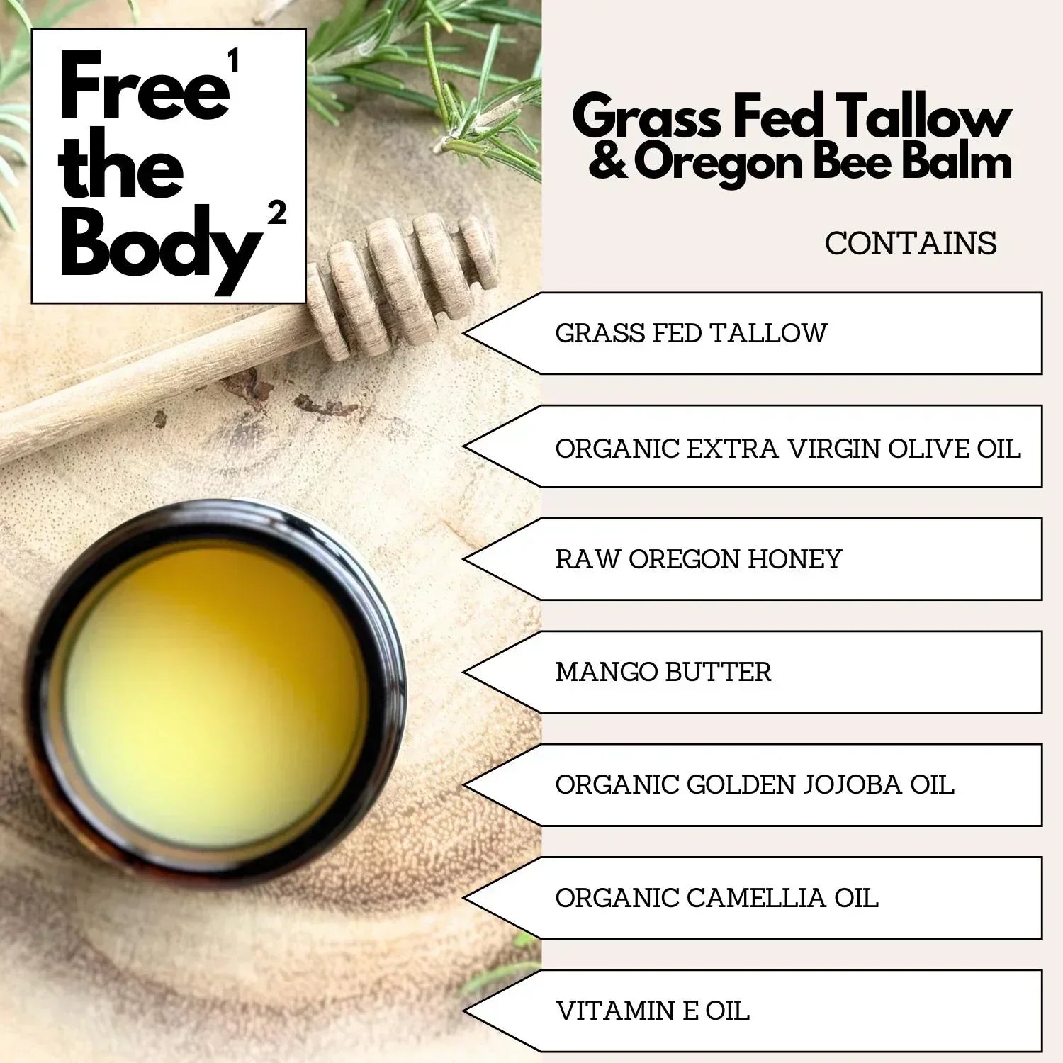 Product packaging with ingredients listed for 'Free the Body' brand on a natural background.